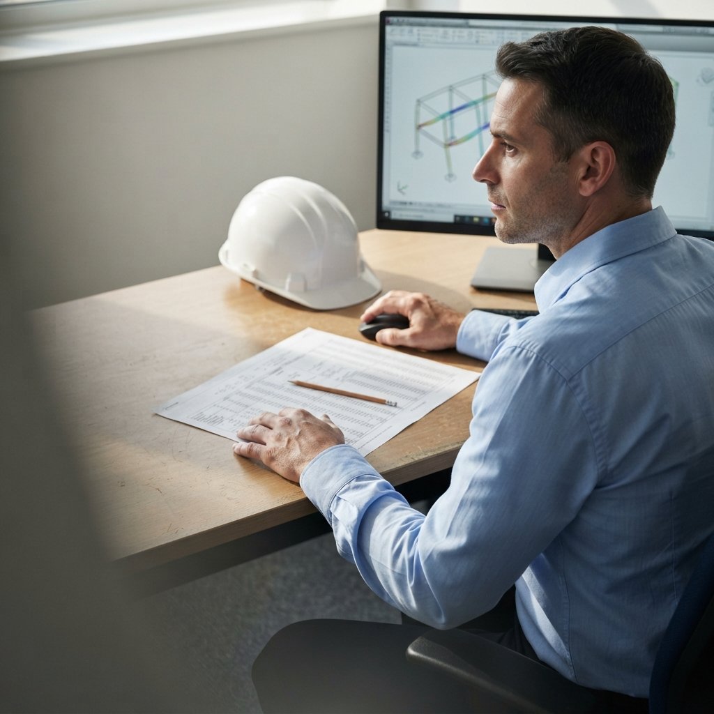 Structural engineer working at a computer with modeling software