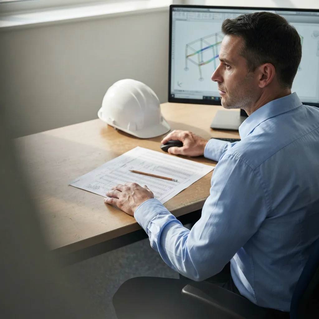 Structural engineer working at a computer with modeling software