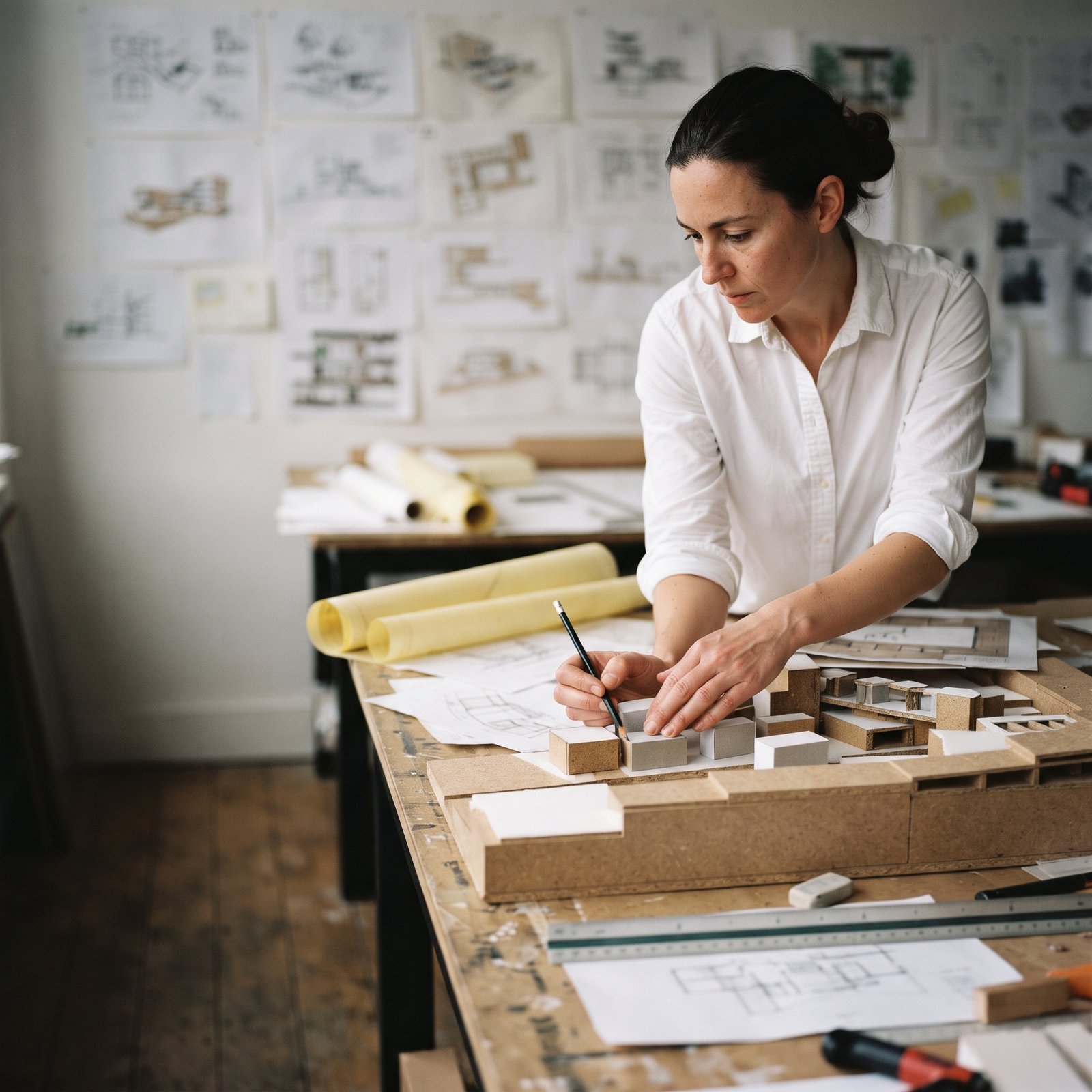 Architect developing a building model in a design studio