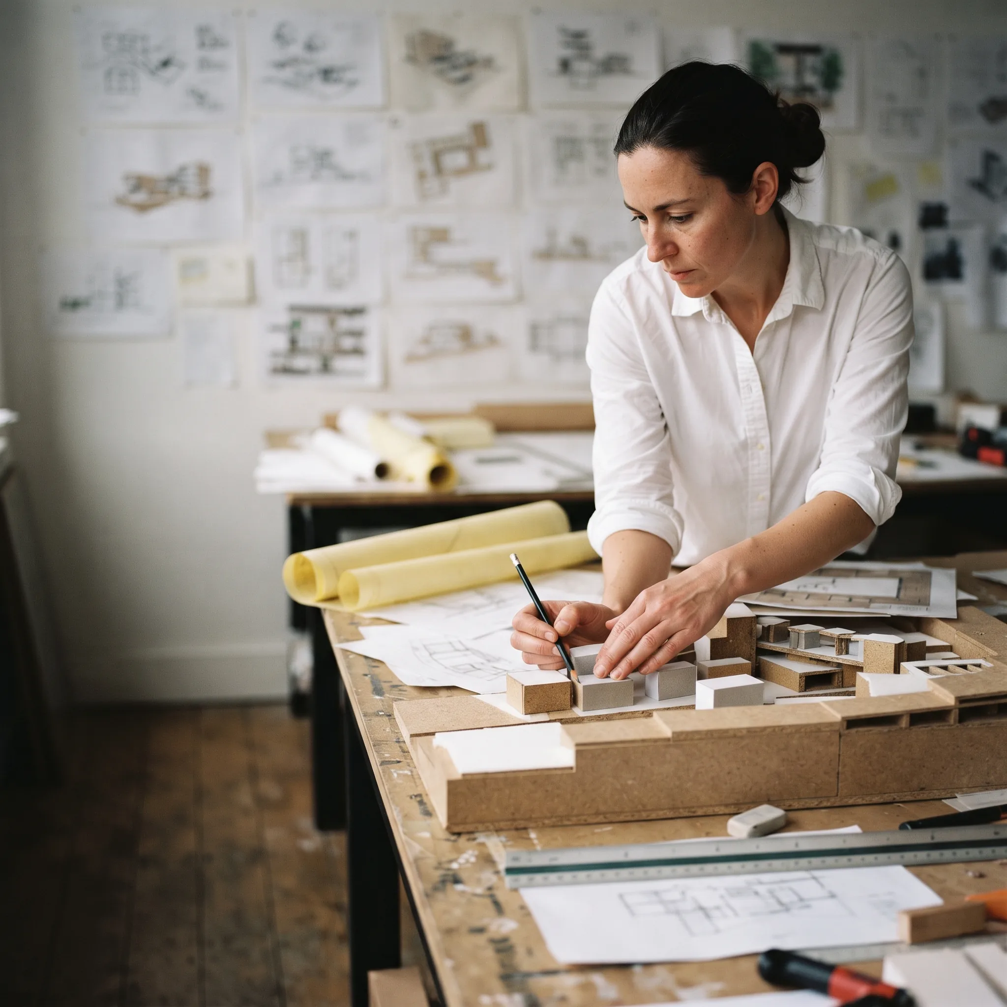 Architect developing a building model in a design studio