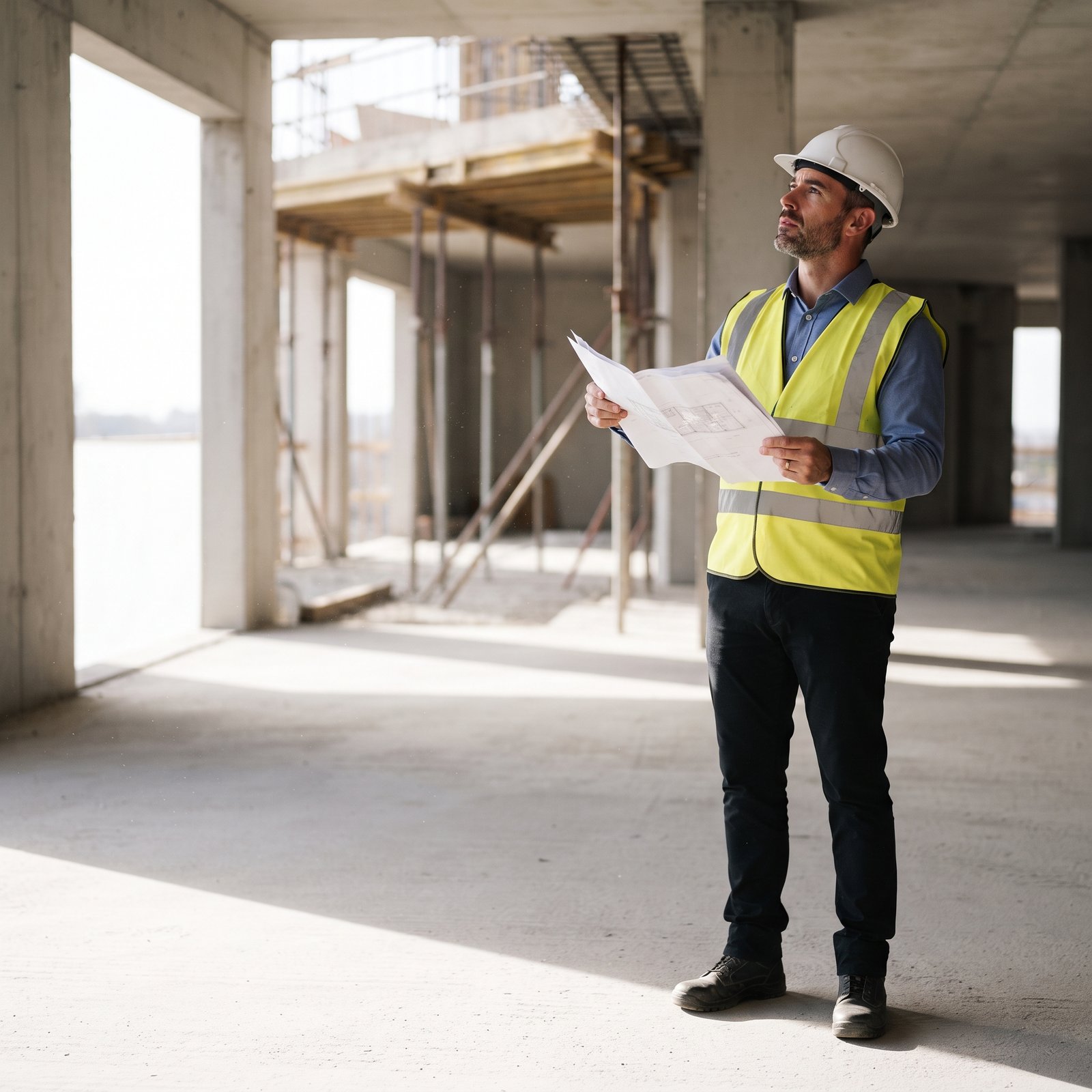 General contractor reviewing drawings at a construction site