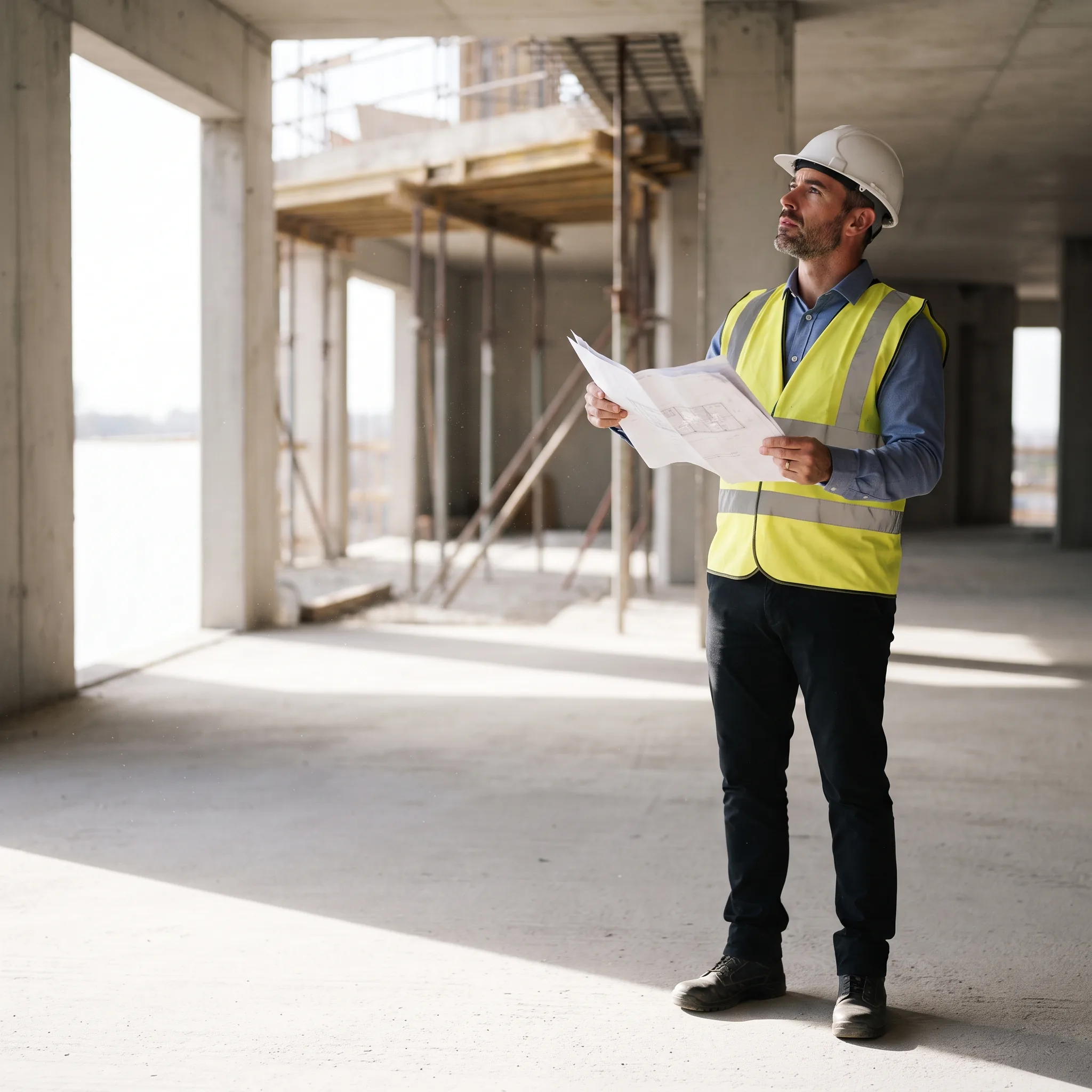 General contractor reviewing drawings at a construction site