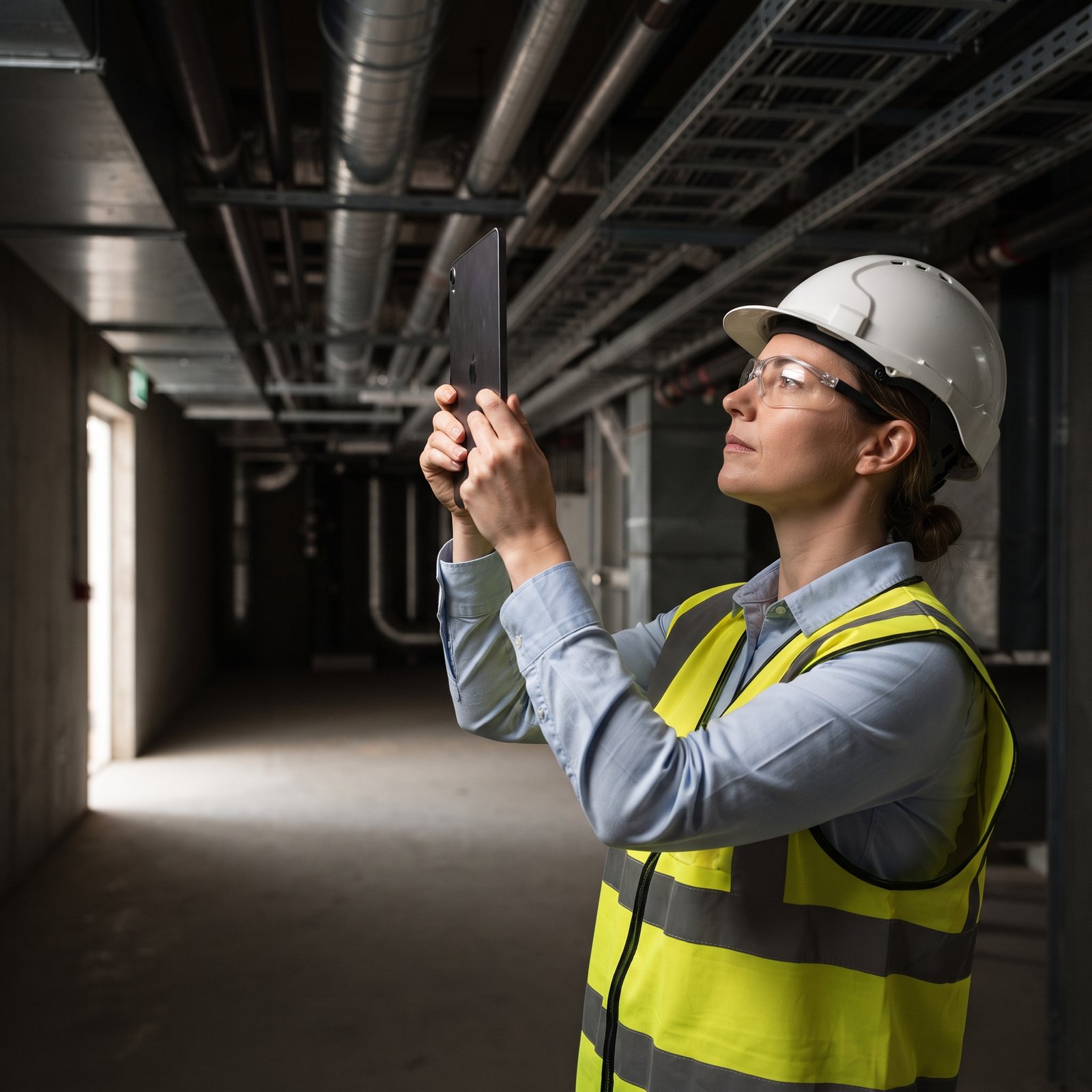MEP consultant inspecting a building-services installation with a tablet