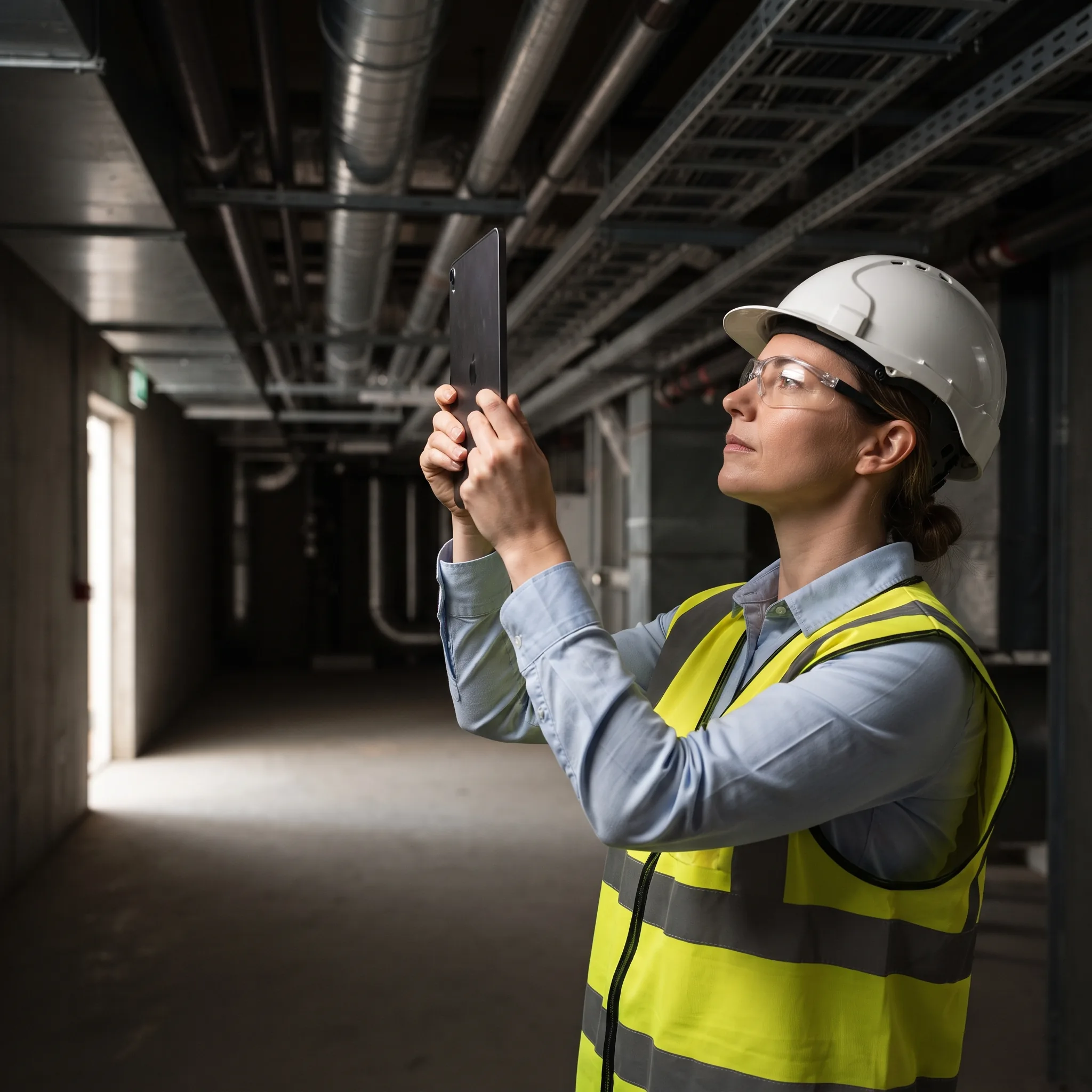 MEP consultant inspecting a building-services installation with a tablet