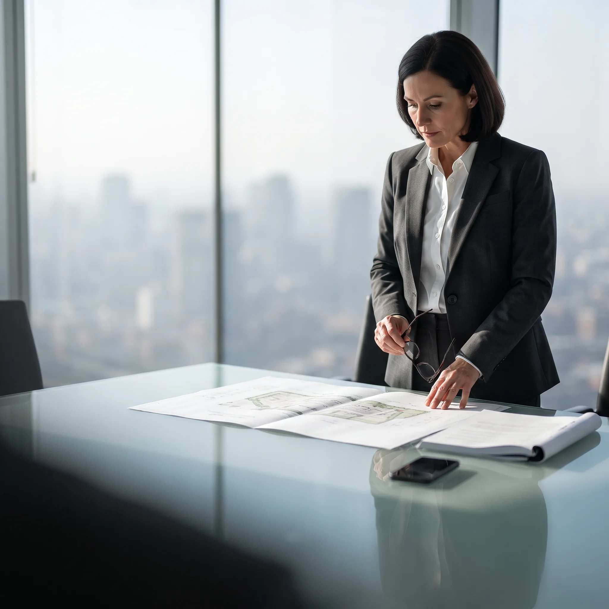 Developer reviewing architectural drawings in an office