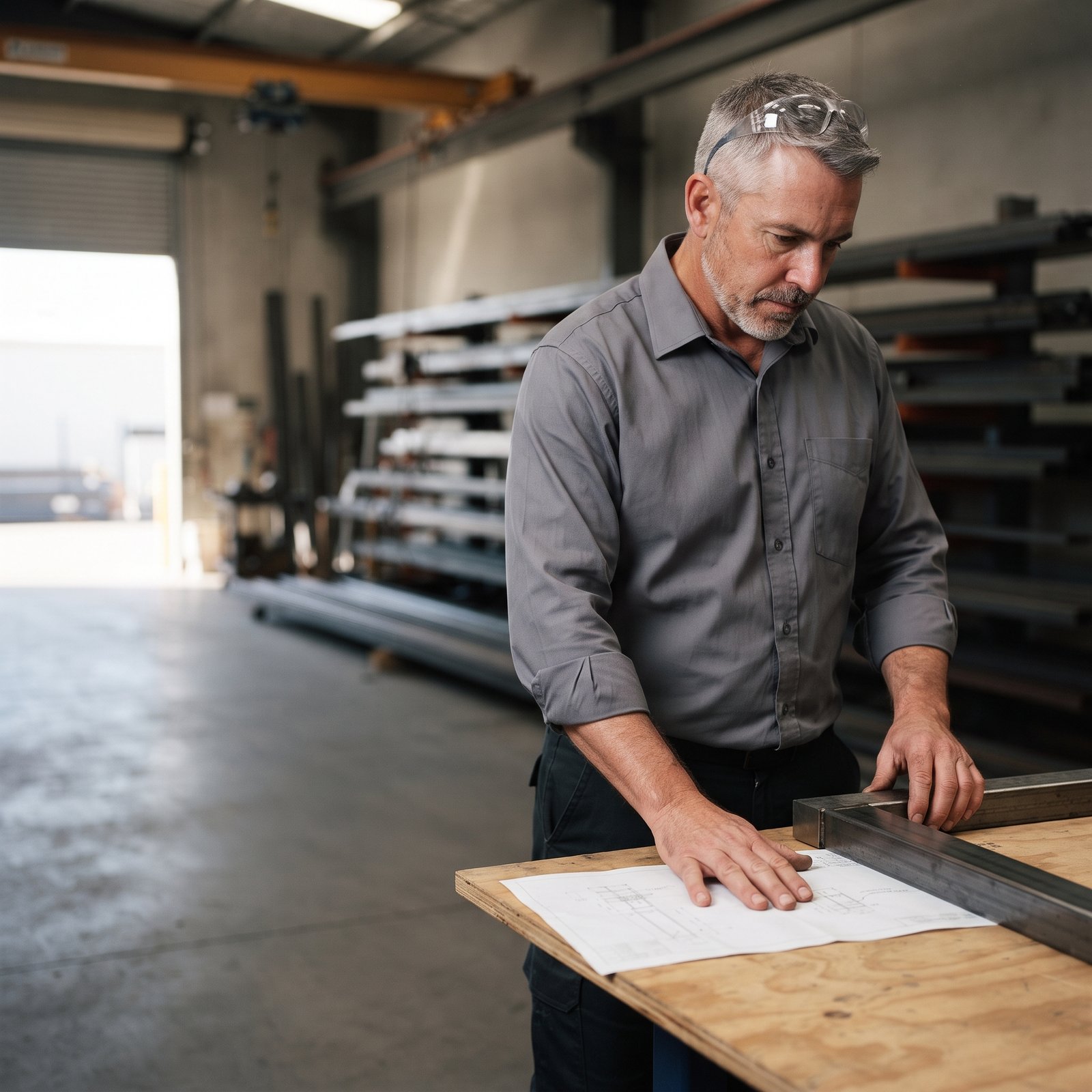 Steel fabricator checking workshop drawings and metalwork