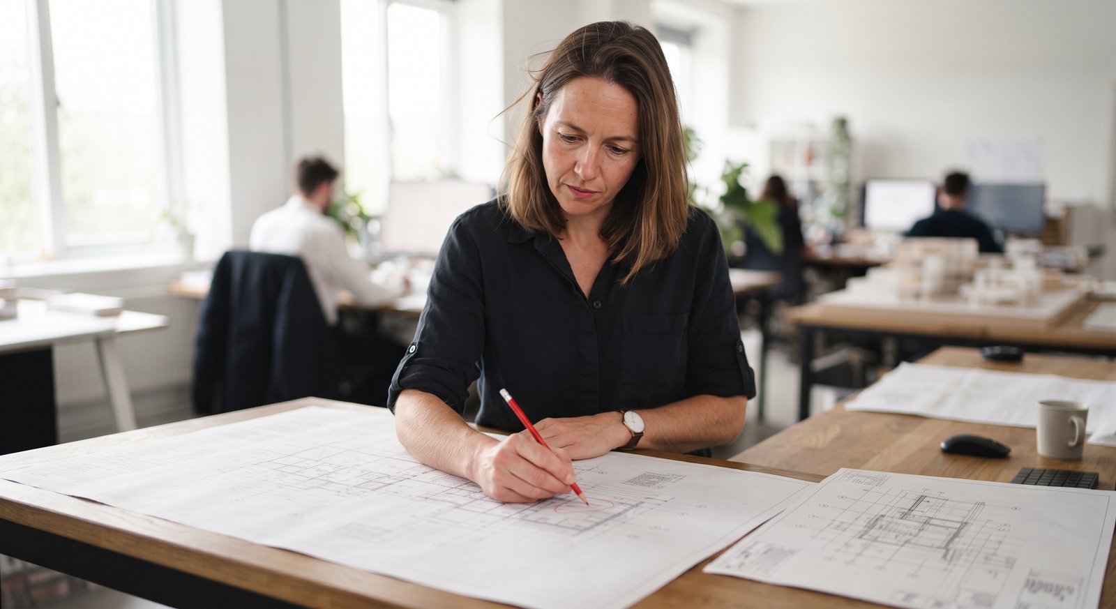 Architect marking revisions on a large drawing set