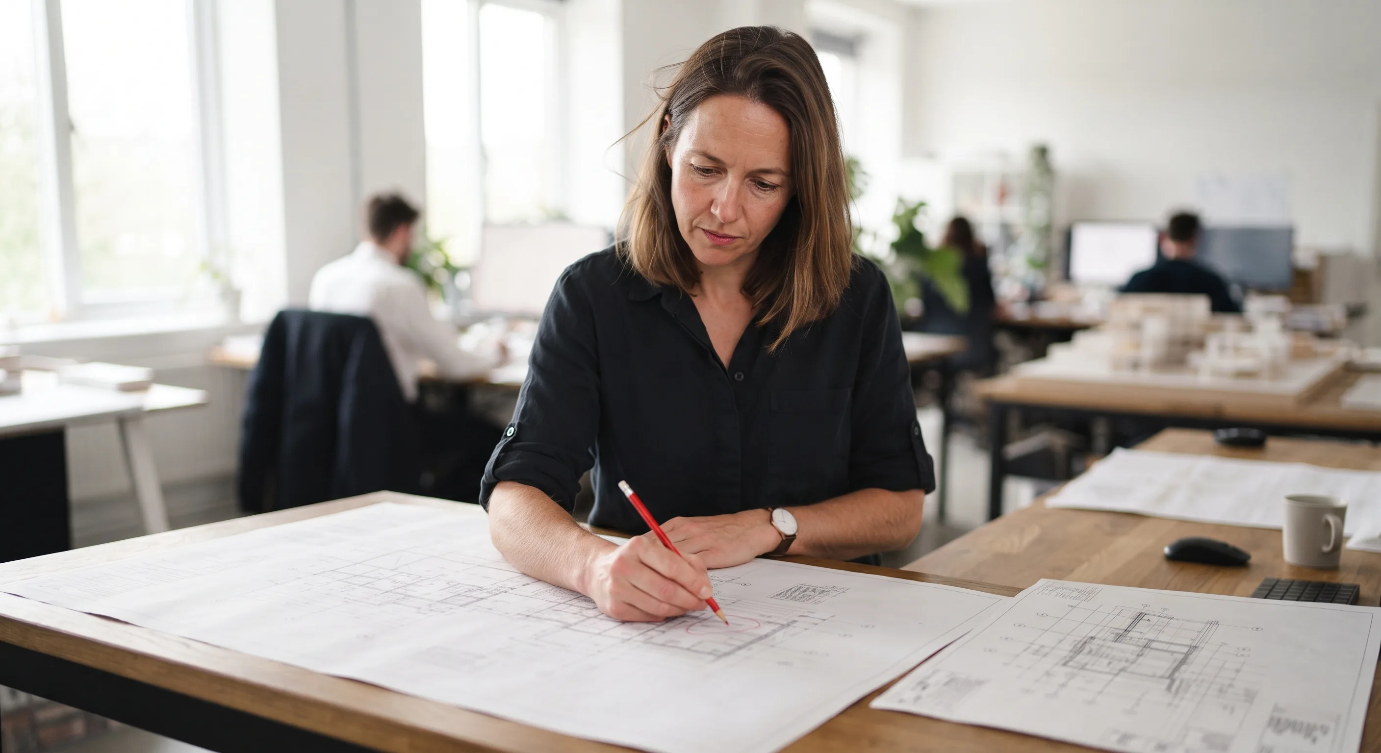 Architect marking revisions on a large drawing set