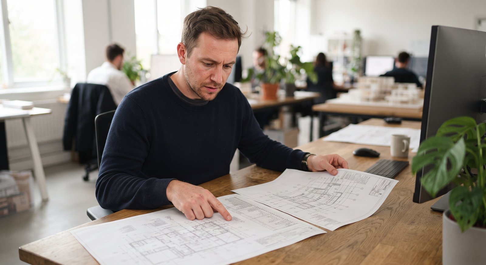 Architect reviewing detailed construction drawings at a workstation