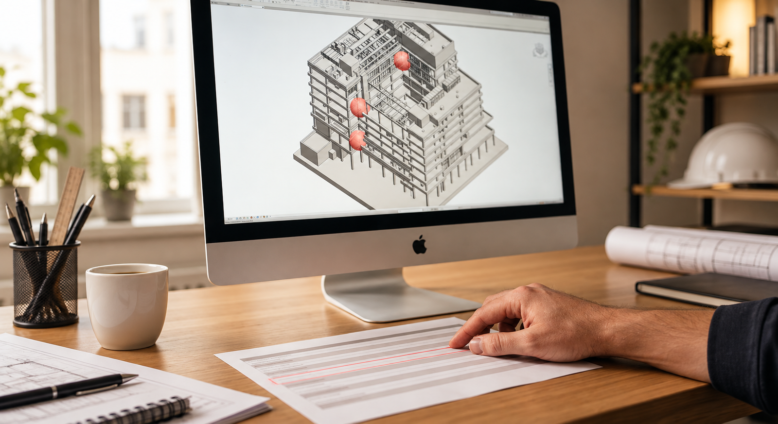 Clash locations highlighted within a coordinated building model.