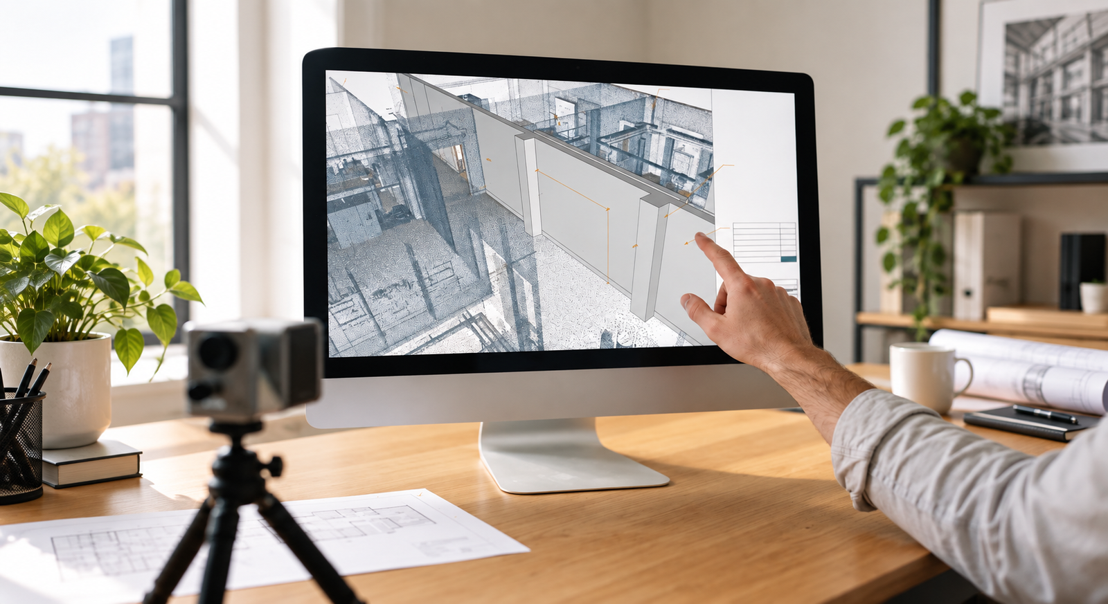 Point-cloud and building model data being reviewed on screen.