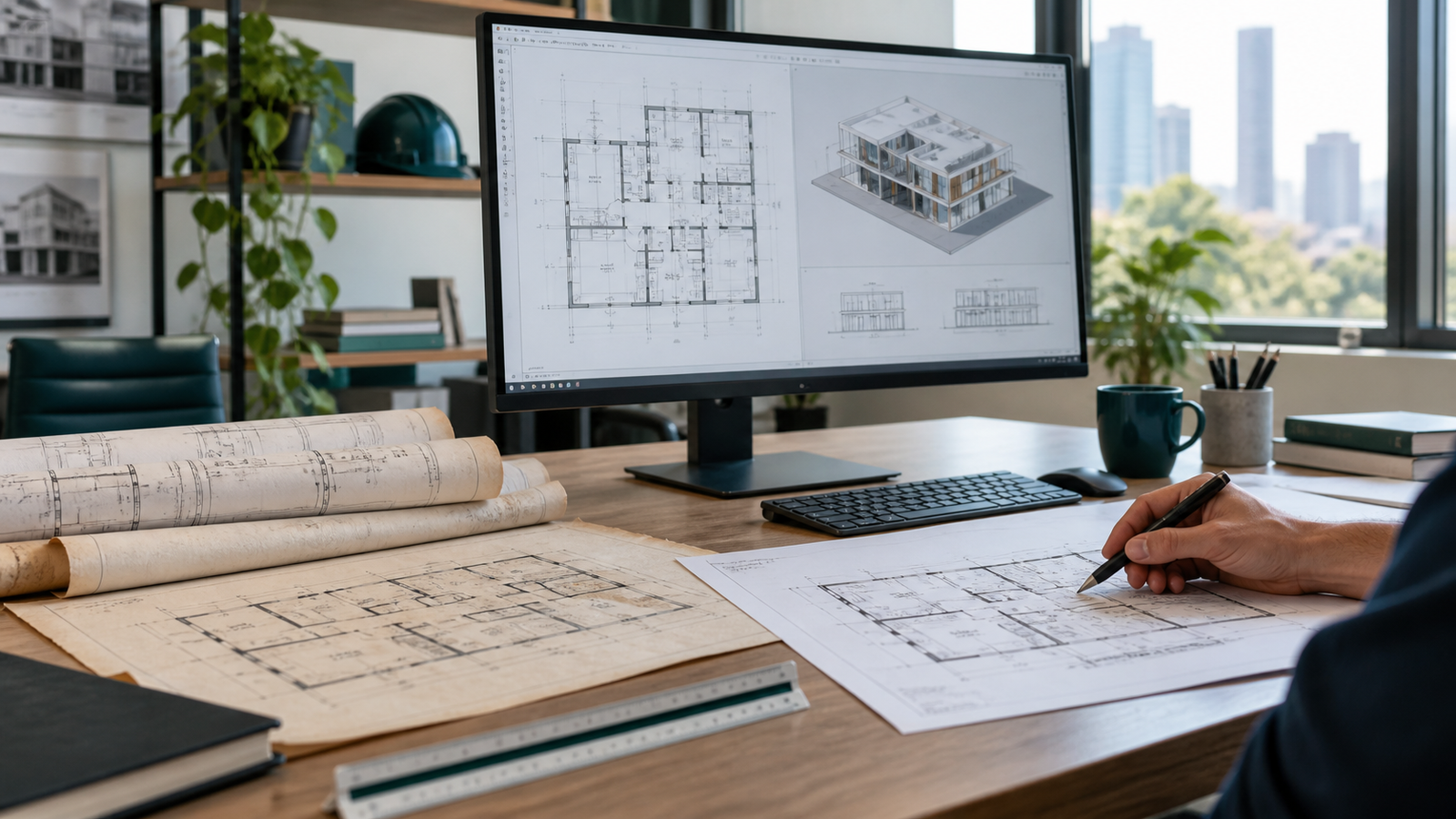 Legacy architectural drawings being reviewed alongside a digital CAD and BIM model.
