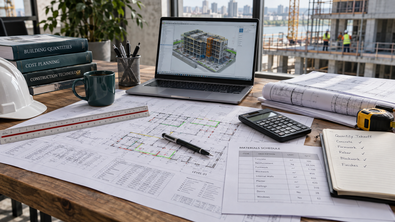 Estimator reviewing construction plans and quantity takeoffs beside a digital building model.