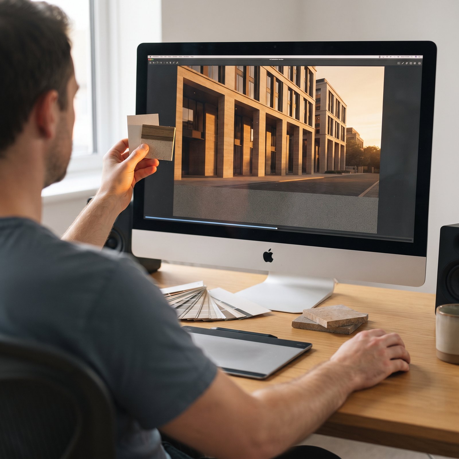 Architect reviewing a photorealistic building rendering and material samples