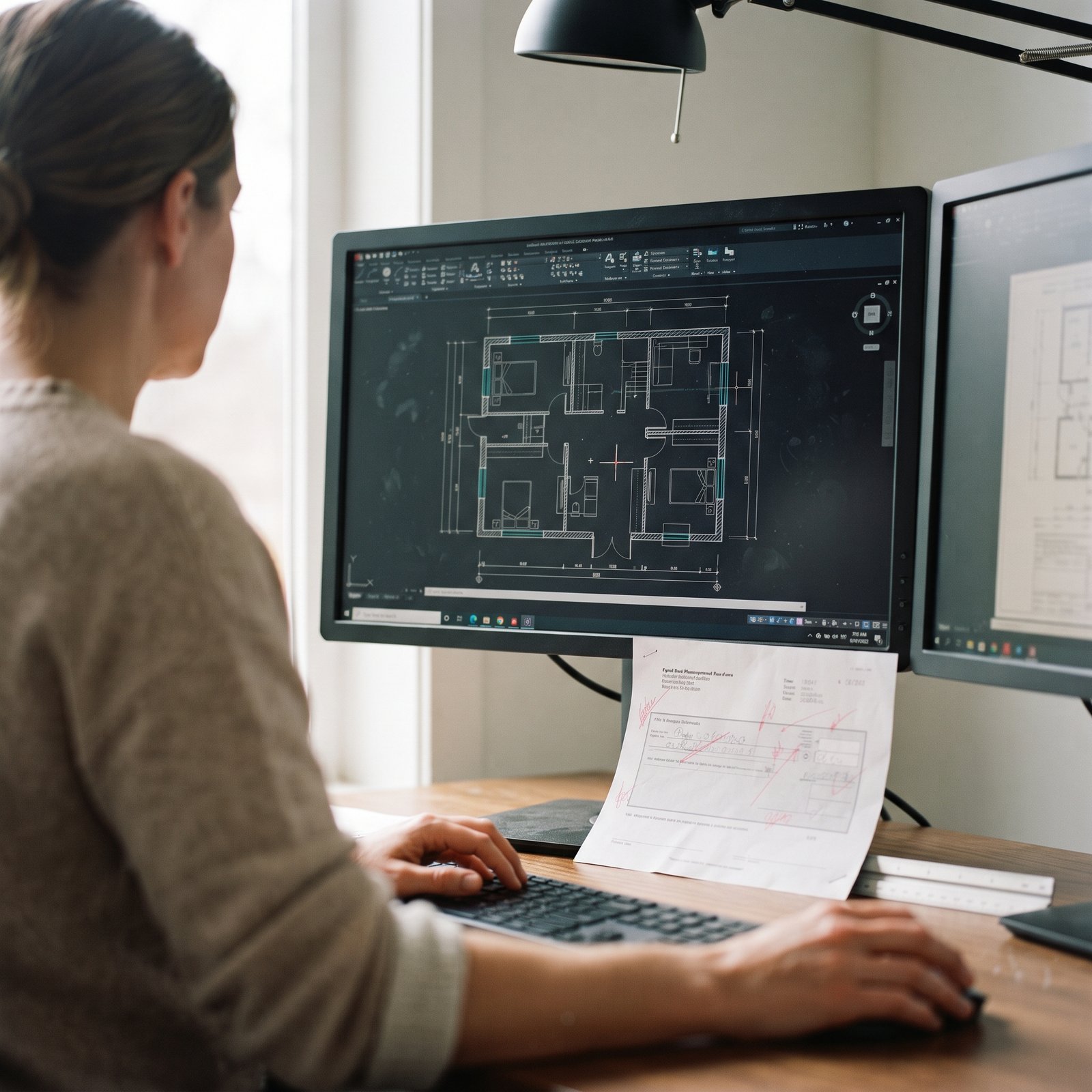 CAD technician developing a detailed floor plan