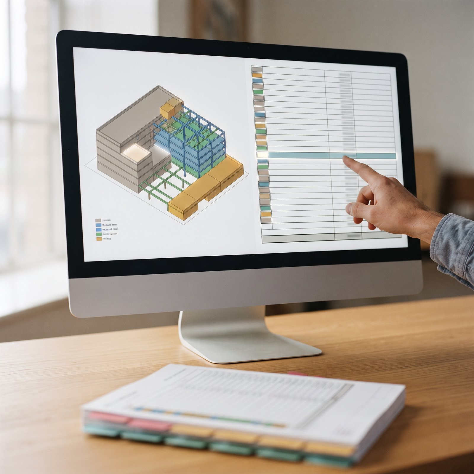 Building model and quantity schedule displayed for estimation