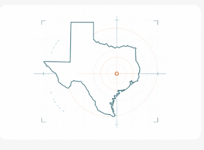 Technical outline map of Texas marking Austin as the headquarters of Vantage CAD Services.
